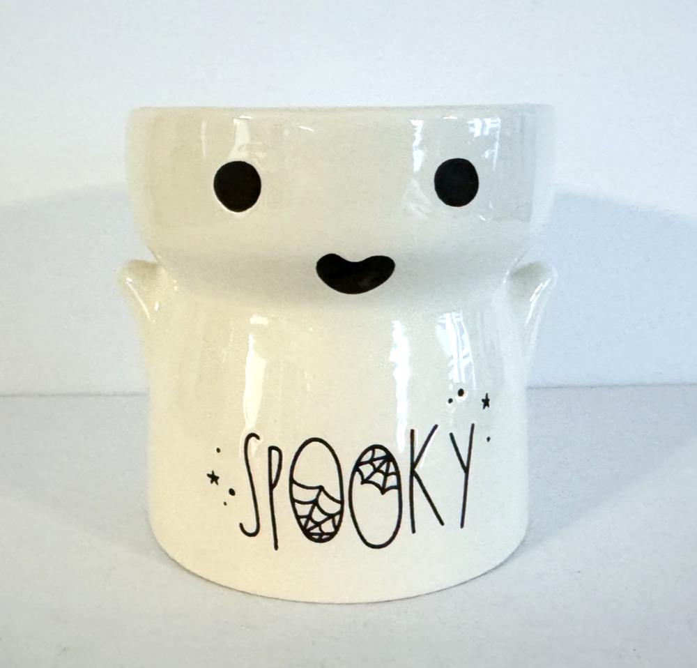 Rae Dunn SPOOKY Ghost Planter Candy Dish Halloween Decor White Ceramic 5.1"